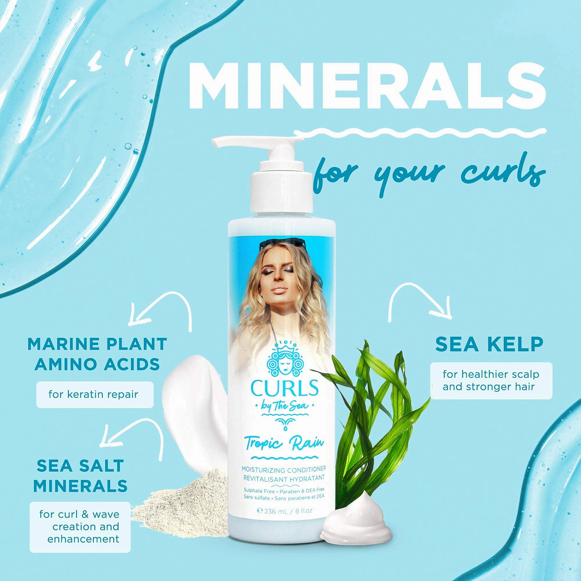 Curls by the Sea Tropic Rain Curl Enhancing, Moisturizing Conditioner and Giant Swells Curls Amplifying Curl Cream 8oz (236ml)