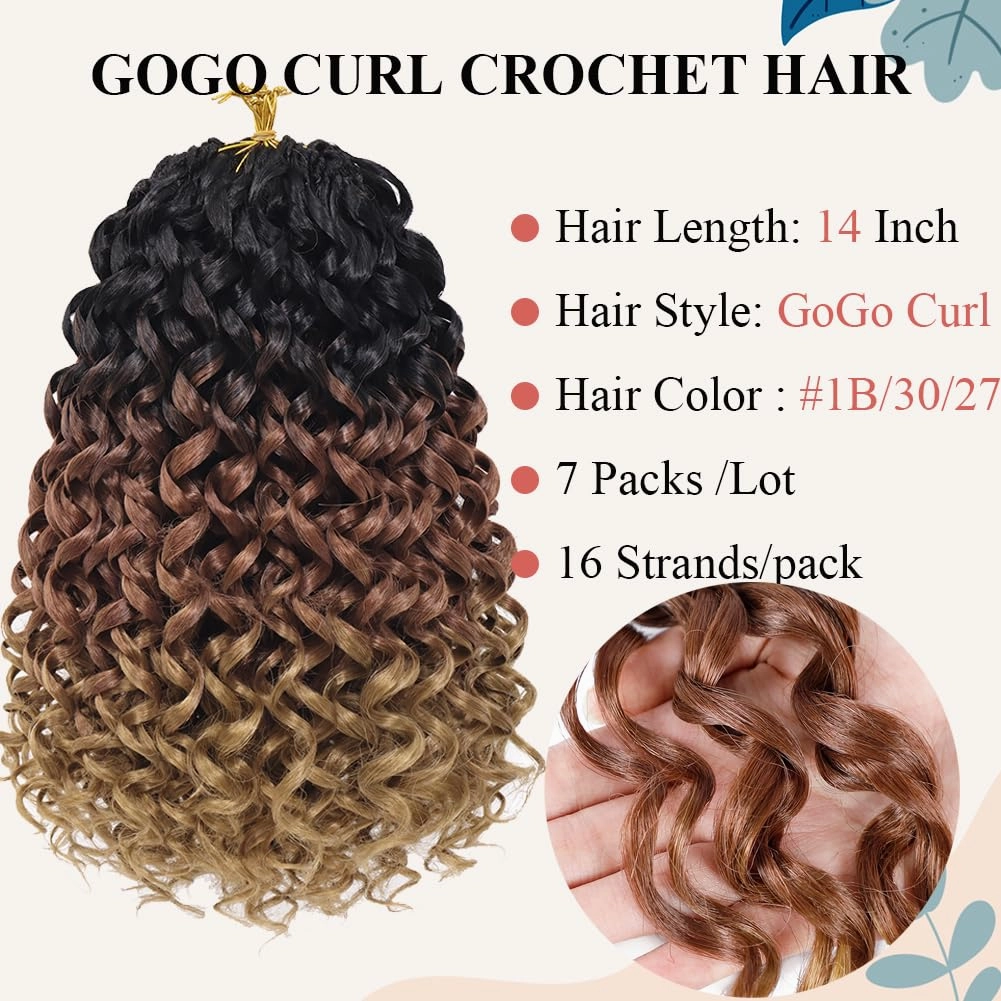 Curly Crochet Hair 14 Inch GoGo Curl Crochet Hair for Women Short Beach Curl Water Wave Crochet Braids for Women 7 Packs Curly Braiding Hair for Boho Braids (14 Inch, 1B/30/27)