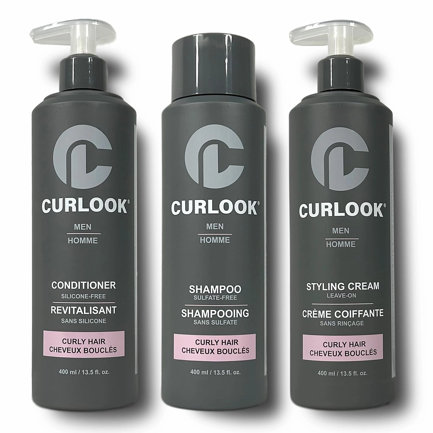 Curly Hair Package | Sulfate-Free, Silicone-Free Shampoo, Conditioner & Leave-In Styling Cream Set for Men | 400ml (13.5 oz) Each | Made in Canada Curly Hair Products | Pack of 3