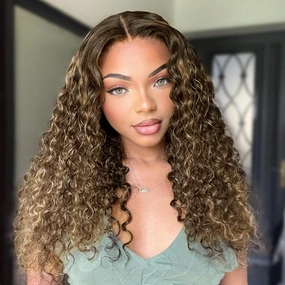 Curly Lace Front Wigs Highlight Honey Blonde Curly Wigs for Black Women 18 Inch Ombre Colored Glueless Wigs Synthetic Deep Wave Lace Front Wig Pre Plucked