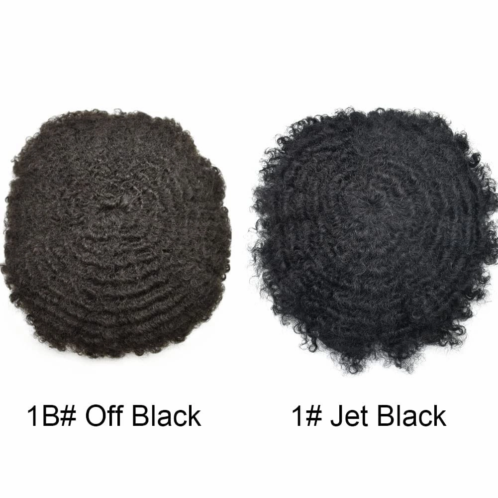 Curly Toupee for Black Men Afro Weave Hair Units Wigs Kinky Curl Mens Toupee Hairpiece Wavy Human Hair Replacement Systems for Men (#1 Jet Black-10MM Wave, 8''X10'')
