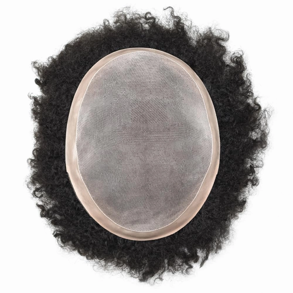 Curly Toupee for Black Men Afro Weave Hair Units Wigs Kinky Curl Mens Toupee Hairpiece Wavy Human Hair Replacement Systems for Men (#1 Jet Black-10MM Wave, 8''X10'')