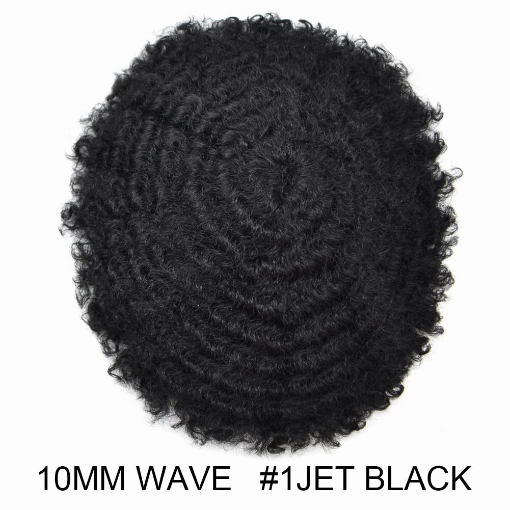 Curly Toupee for Black Men Afro Weave Hair Units Wigs Kinky Curl Mens Toupee Hairpiece Wavy Human Hair Replacement Systems for Men (#1 Jet Black-10MM Wave, 8''X10'')