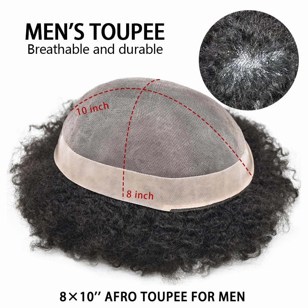 Curly Toupee for Black Men Afro Weave Hair Units Wigs Kinky Curl Mens Toupee Hairpiece Wavy Human Hair Replacement Systems for Men (#1 Jet Black-10MM Wave, 8''X10'')