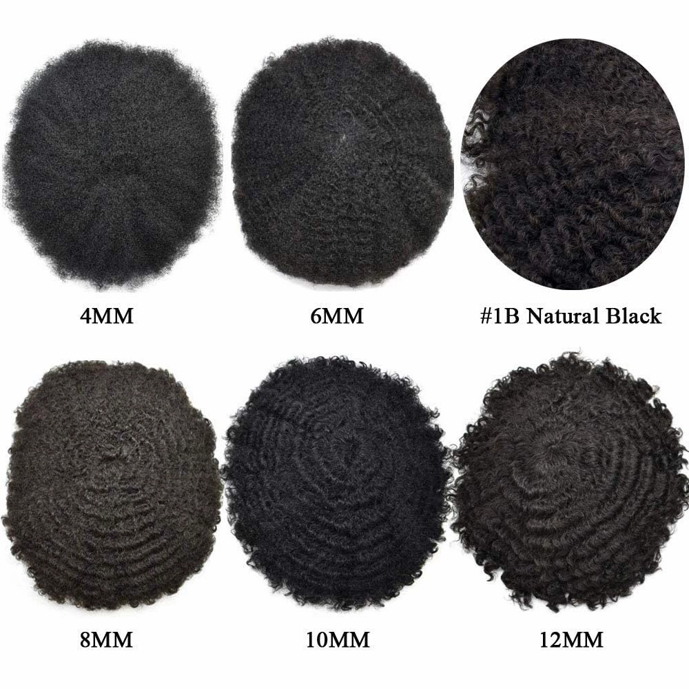 Curly Toupee for Black Men Afro Weave Hair Units Wigs Kinky Curl Mens Toupee Hairpiece Wavy Human Hair Replacement Systems for Men (#1 Jet Black-10MM Wave, 8''X10'')