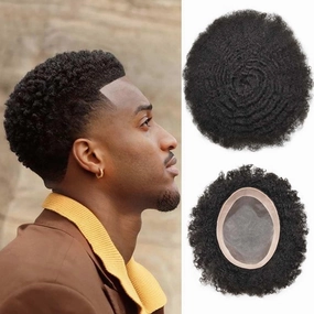Curly Toupee for Black Men Afro Weave Hair Units Wigs Kinky Curl Mens Toupee Hairpiece Wavy Human Hair Replacement Systems for Men (#1 Jet Black-10MM Wave, 8''X10'')