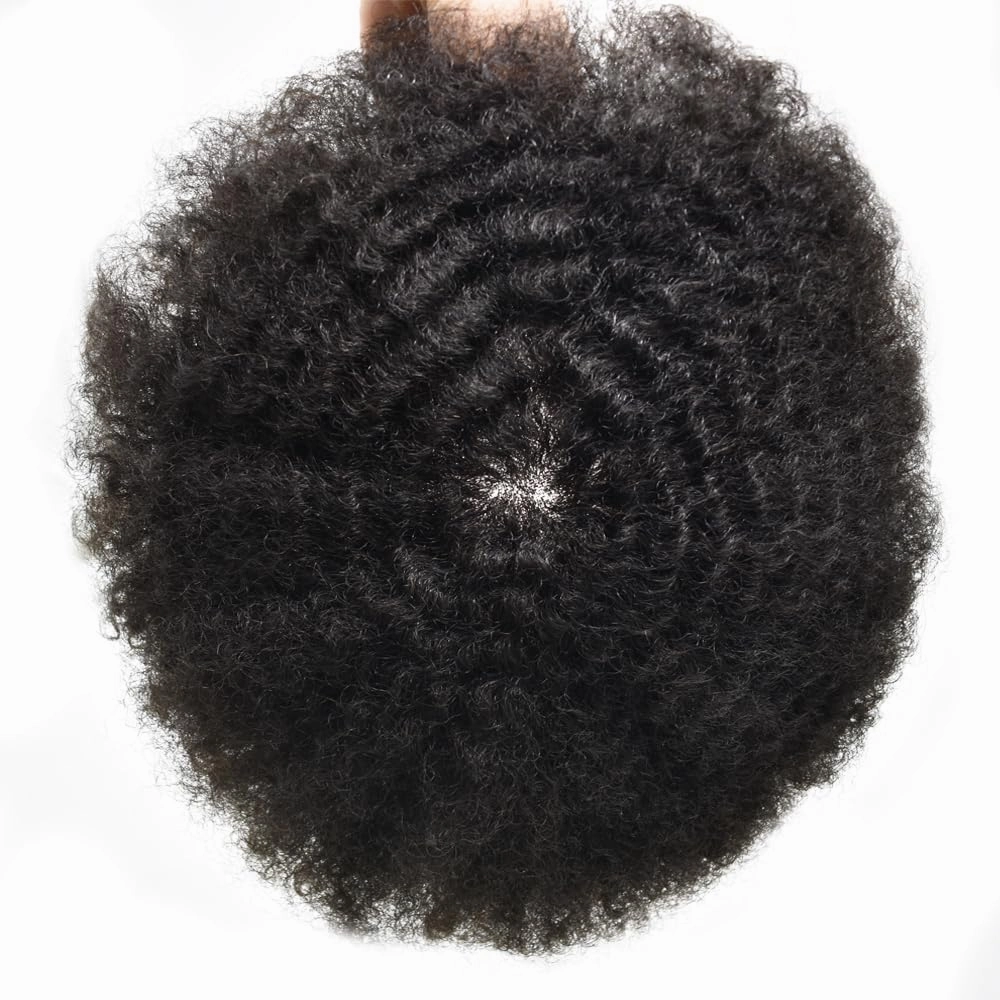 Curly Toupee for Black Men Afro Weave Hair Units Wigs Kinky Curl Mens Toupee Hairpiece Wavy Human Hair Replacement Systems for Men (#1 Jet Black-10MM Wave, 8''X10'')