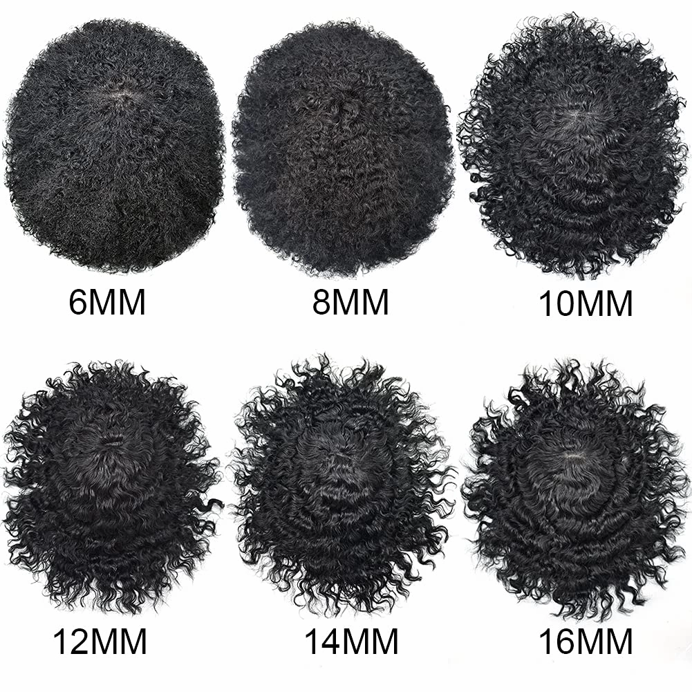 Curly Toupee for Black Men Afro Weave Hair Units Wigs Kinky Curl Mens Toupee Hairpiece Wavy Human Hair Replacement Systems for Men (#1 Jet Black-20MM Wave, 8''X10'')