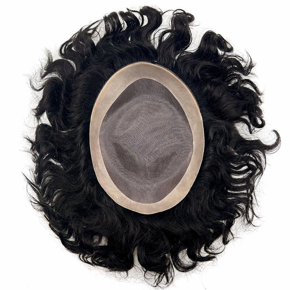 Curly Toupee for Black Men Afro Weave Hair Units Wigs Kinky Curl Mens Toupee Hairpiece Wavy Human Hair Replacement Systems for Men (#1 Jet Black-20MM Wave, 8''X10'')