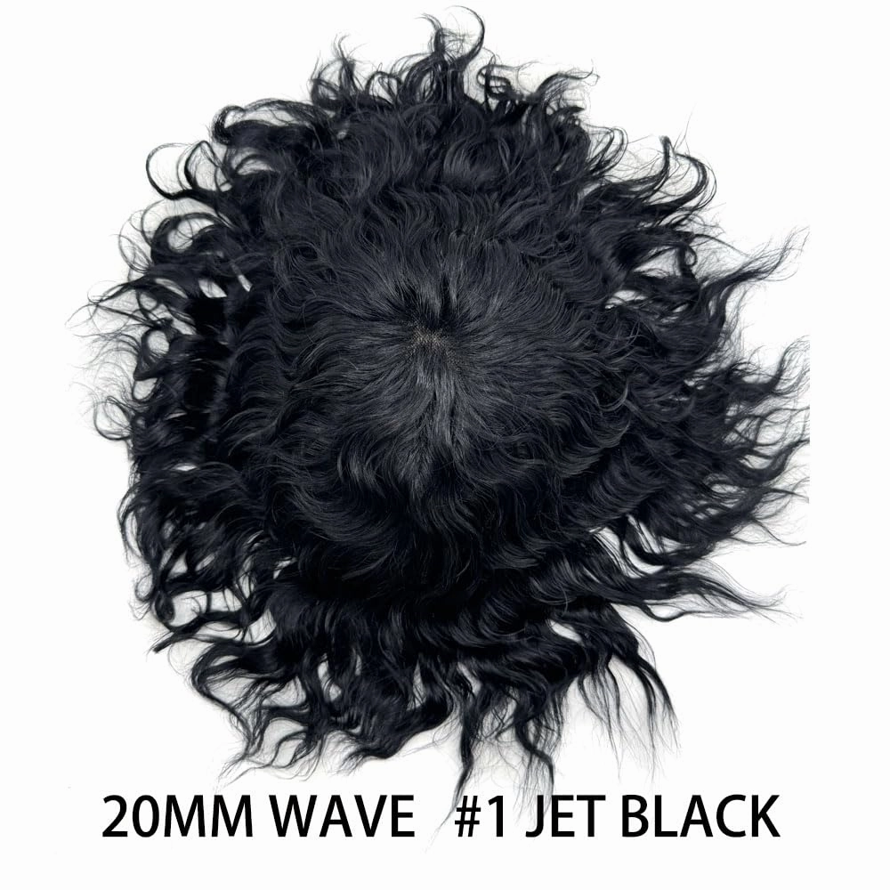 Curly Toupee for Black Men Afro Weave Hair Units Wigs Kinky Curl Mens Toupee Hairpiece Wavy Human Hair Replacement Systems for Men (#1 Jet Black-20MM Wave, 8''X10'')
