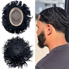 Curly Toupee for Black Men Afro Weave Hair Units Wigs Kinky Curl Mens Toupee Hairpiece Wavy Human Hair Replacement Systems for Men (#1 Jet Black-20MM Wave, 8''X10'')