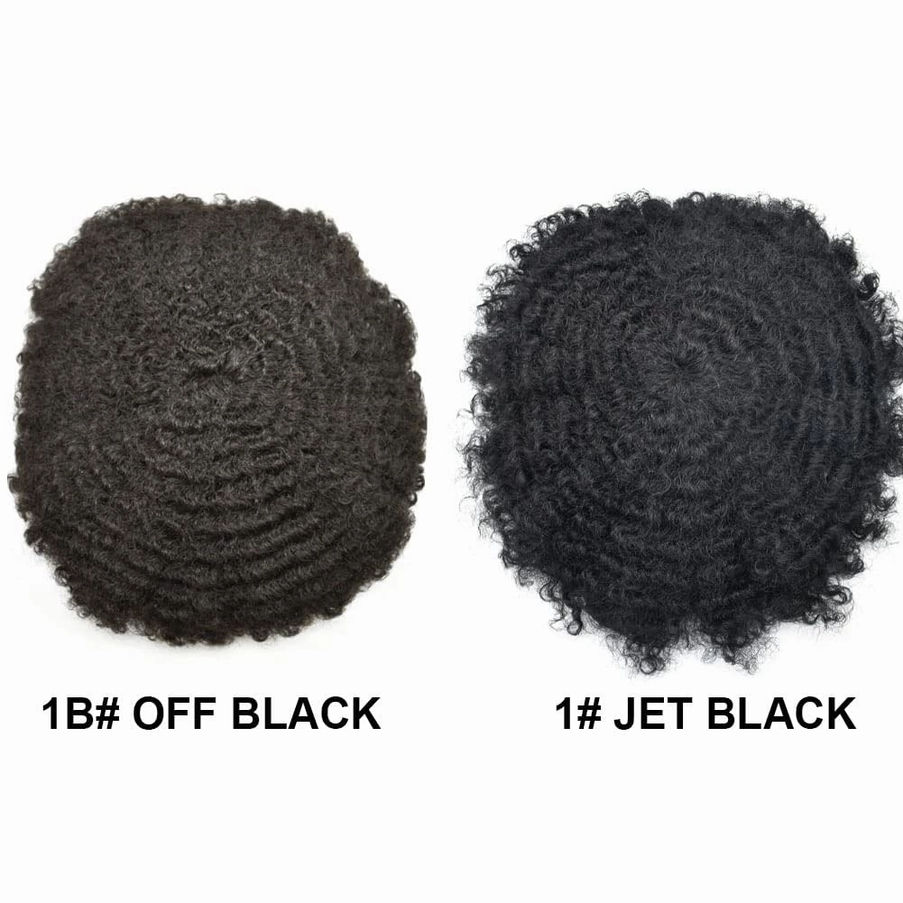 Curly Toupee for Black Men Afro Weave Hair Units Wigs Kinky Curl Mens Toupee Hairpiece Wavy Human Hair Replacement Systems for Men (#1 Jet Black-20MM Wave, 8''X10'')