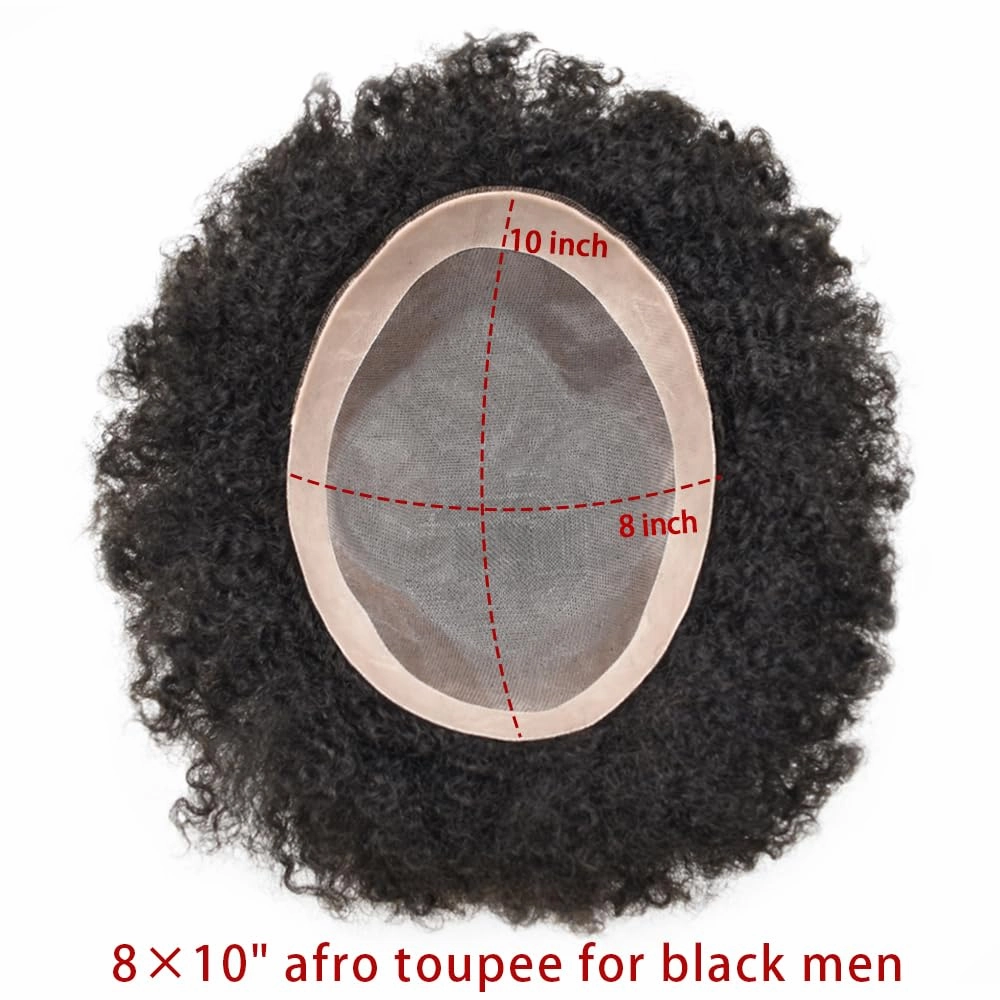 Curly Toupee for Black Men Afro Weave Hair Units Wigs Kinky Curl Mens Toupee Hairpiece Wavy Human Hair Replacement Systems for Men (#1B Off Black-6MM Wave, 8''X10'')