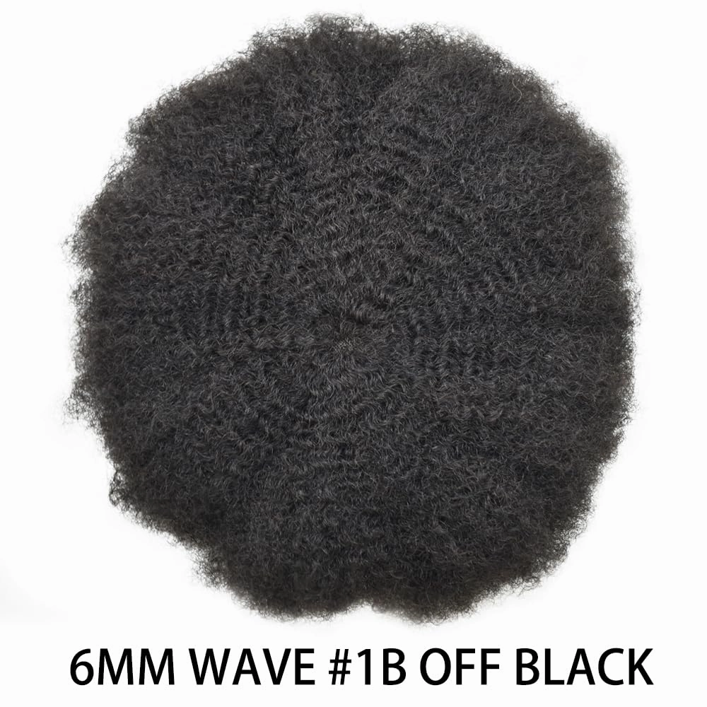 Curly Toupee for Black Men Afro Weave Hair Units Wigs Kinky Curl Mens Toupee Hairpiece Wavy Human Hair Replacement Systems for Men (#1B Off Black-6MM Wave, 8''X10'')