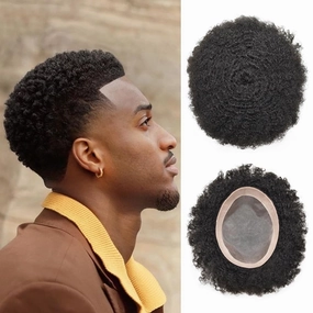 Curly Toupee for Black Men Afro Weave Hair Units Wigs Kinky Curl Mens Toupee Hairpiece Wavy Human Hair Replacement Systems for Men (#1B Off Black-6MM Wave, 8''X10'')