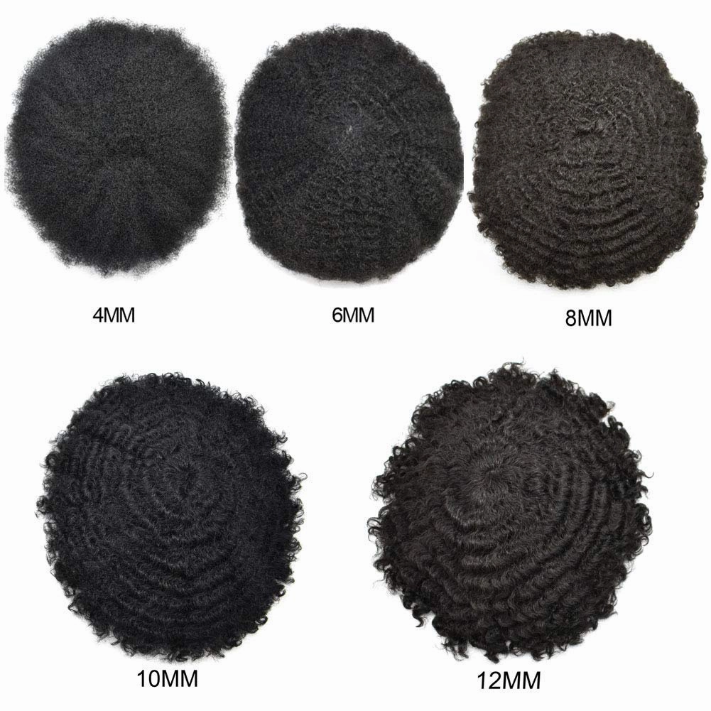 Curly Toupee for Black Men Afro Weave Hair Units Wigs Kinky Curl Mens Toupee Hairpiece Wavy Human Hair Replacement Systems for Men (#1B Off Black-6MM Wave, 8''X10'')