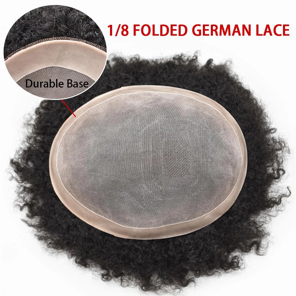 Curly Toupee for Black Men Afro Weave Hair Units Wigs Kinky Curl Mens Toupee Hairpiece Wavy Human Hair Replacement Systems for Men (#1B Off Black-6MM Wave, 8''X10'')
