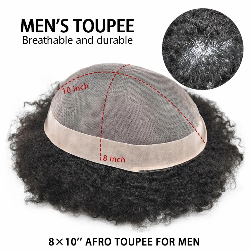 Curly Toupee for Black Men Afro Weave Hair Units Wigs Kinky Curl Mens Toupee Hairpiece Wavy Human Hair Replacement Systems for Men (#1B Off Black-6MM Wave, 8''X10'')