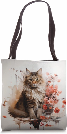 Cute Fluffy Tabby Cat with Orange & Pink Flowers Painting Tote Bag