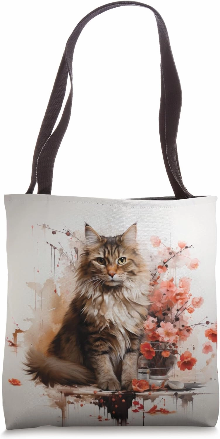 Cute Fluffy Tabby Cat with Orange & Pink Flowers Painting Tote Bag