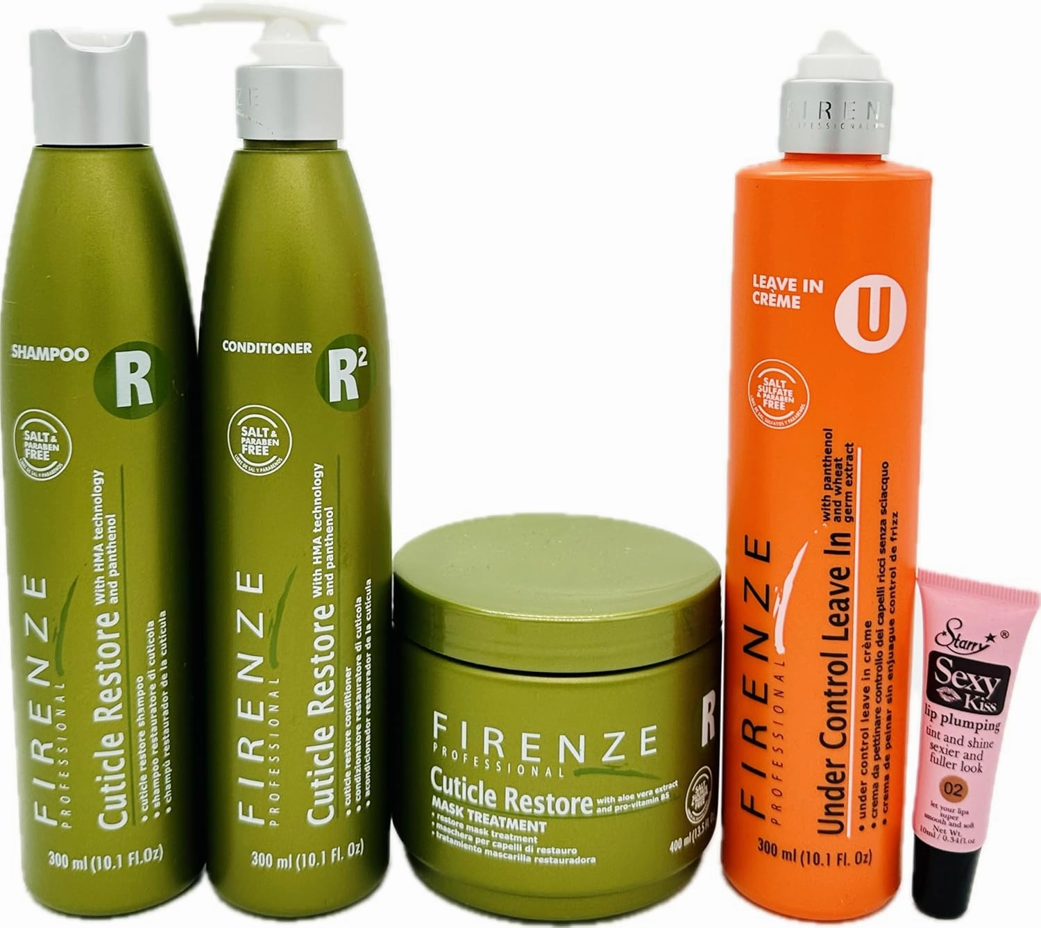 Cuticle Restore Shampoo 300ml/10.1oz, Conditioner 10.1 oz, Mask Treatment 400ml/ 13.5 oz and Under Control Leave In 10.14 fl oz - Free Starry Lip Plumping Gloss 10ml, Clear