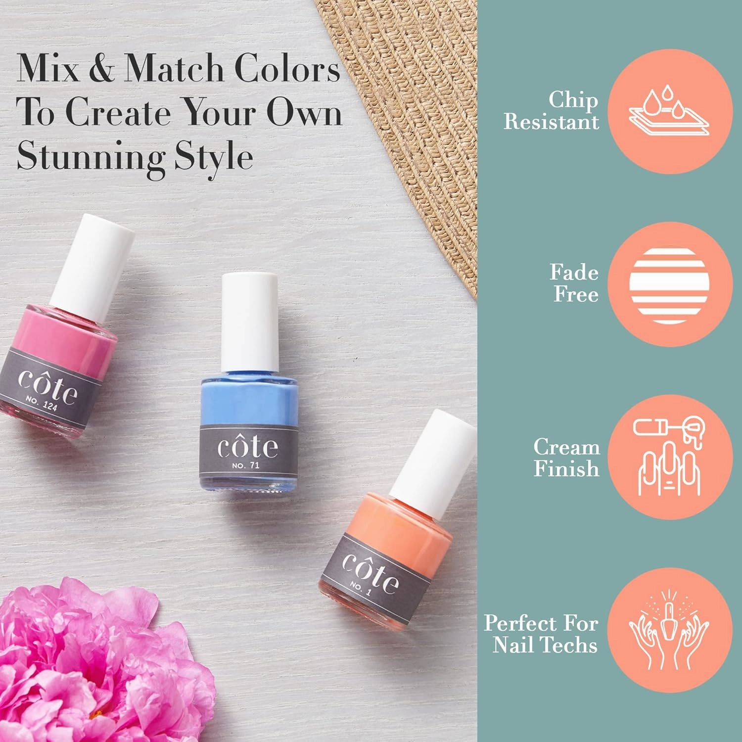 Côte Nail Polish - Quick Dry Vegan 0.4 Fluid Oz Regular Cruelty Free Non Toxic & Safe Chip Resistant Full Coverage (No. 15 Hot Pink)
