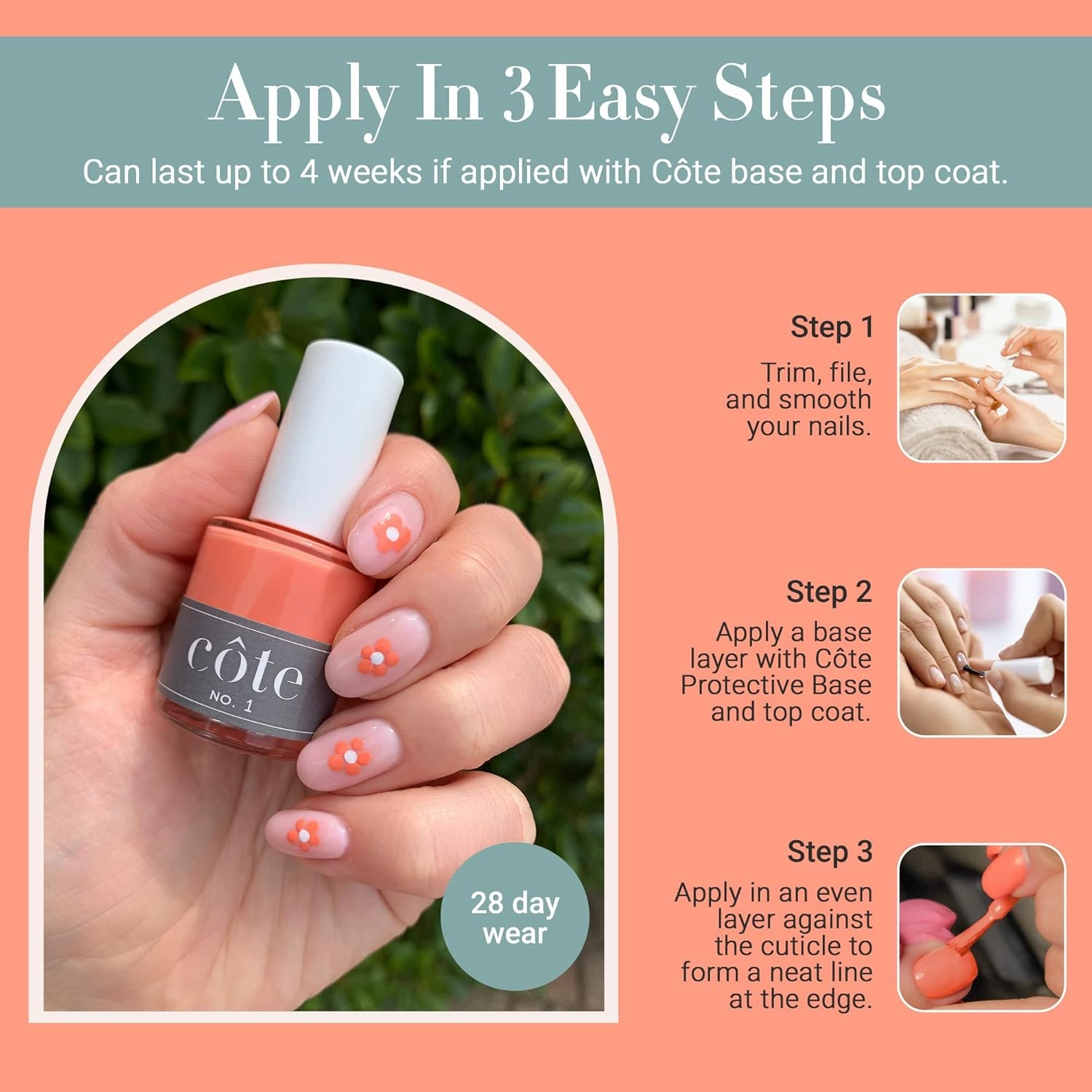 Côte Nail Polish - Quick Dry Vegan 0.4 Fluid Oz Regular Cruelty Free Non Toxic & Safe Chip Resistant Full Coverage (No. 15 Hot Pink)