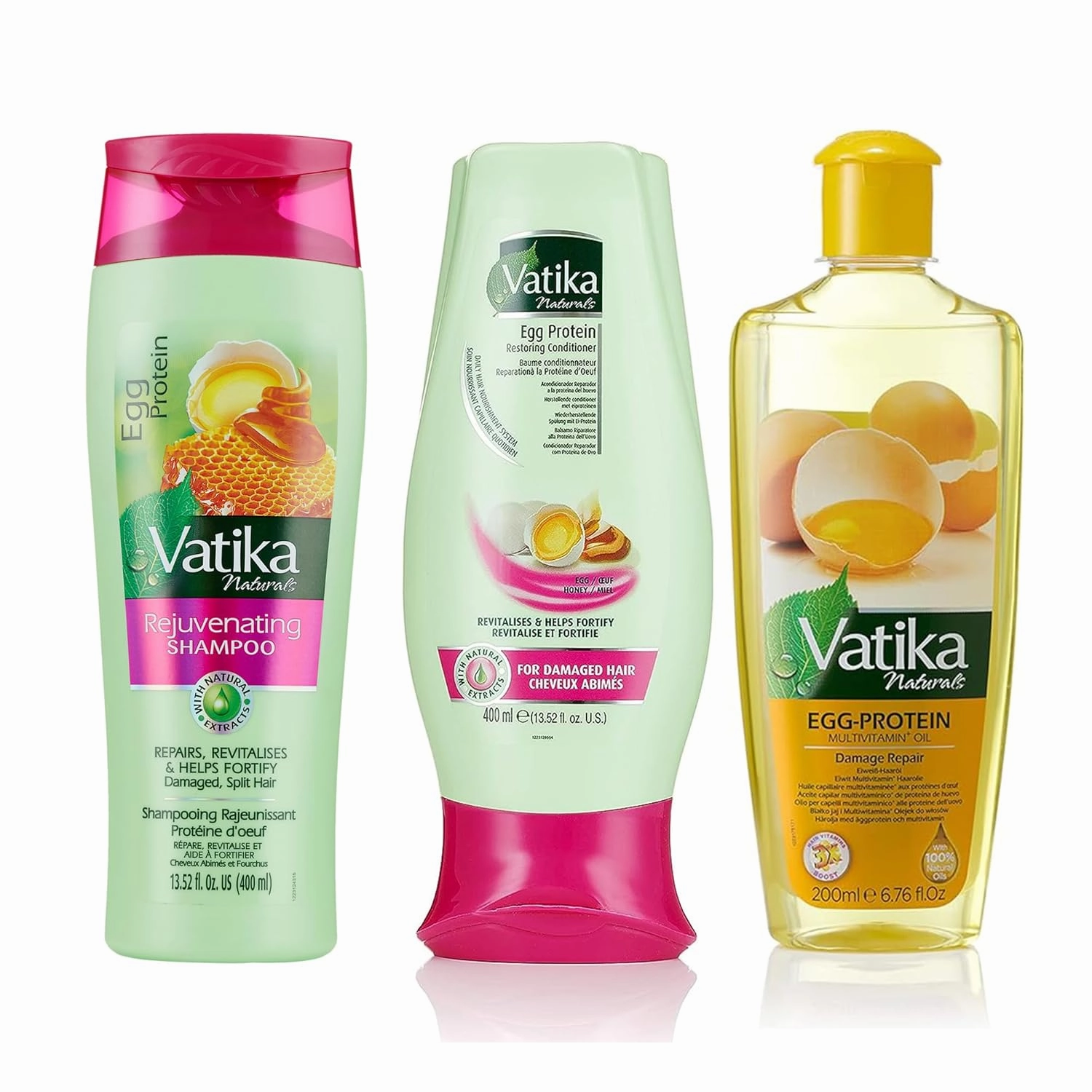 Dabur Vatika Naturals Shampoo, Conditioner and Hair Oil Set (Egg Protein) - 400   400   300ml