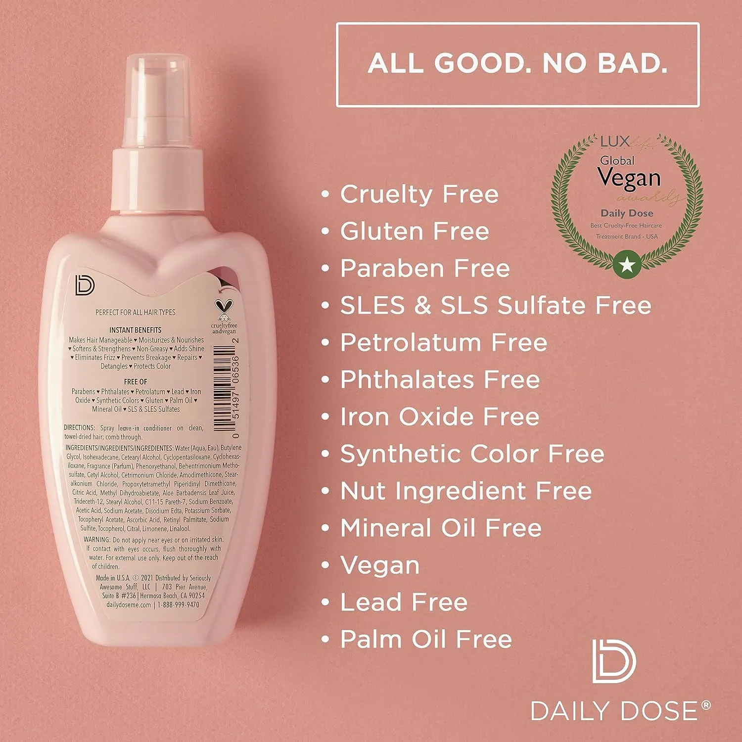DAILY DOSE Clean Moisture Spray Leave-In Conditioner Detangler, Paraben-Free, Phthalates-Free, Cruelty-Free, Vegan