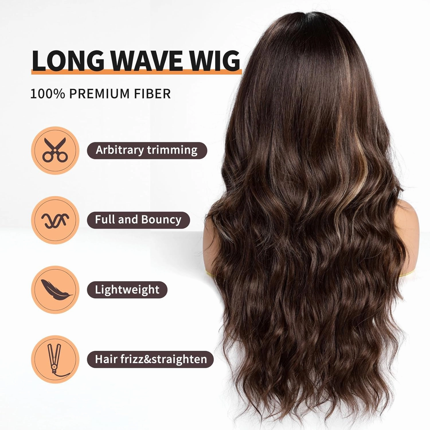 Dark Brown Wigs with Bangs,Brown Highlight Long Wavy Wig for Women,Long Curly Synthetic Hair Wig for Party Daily Use 24IN