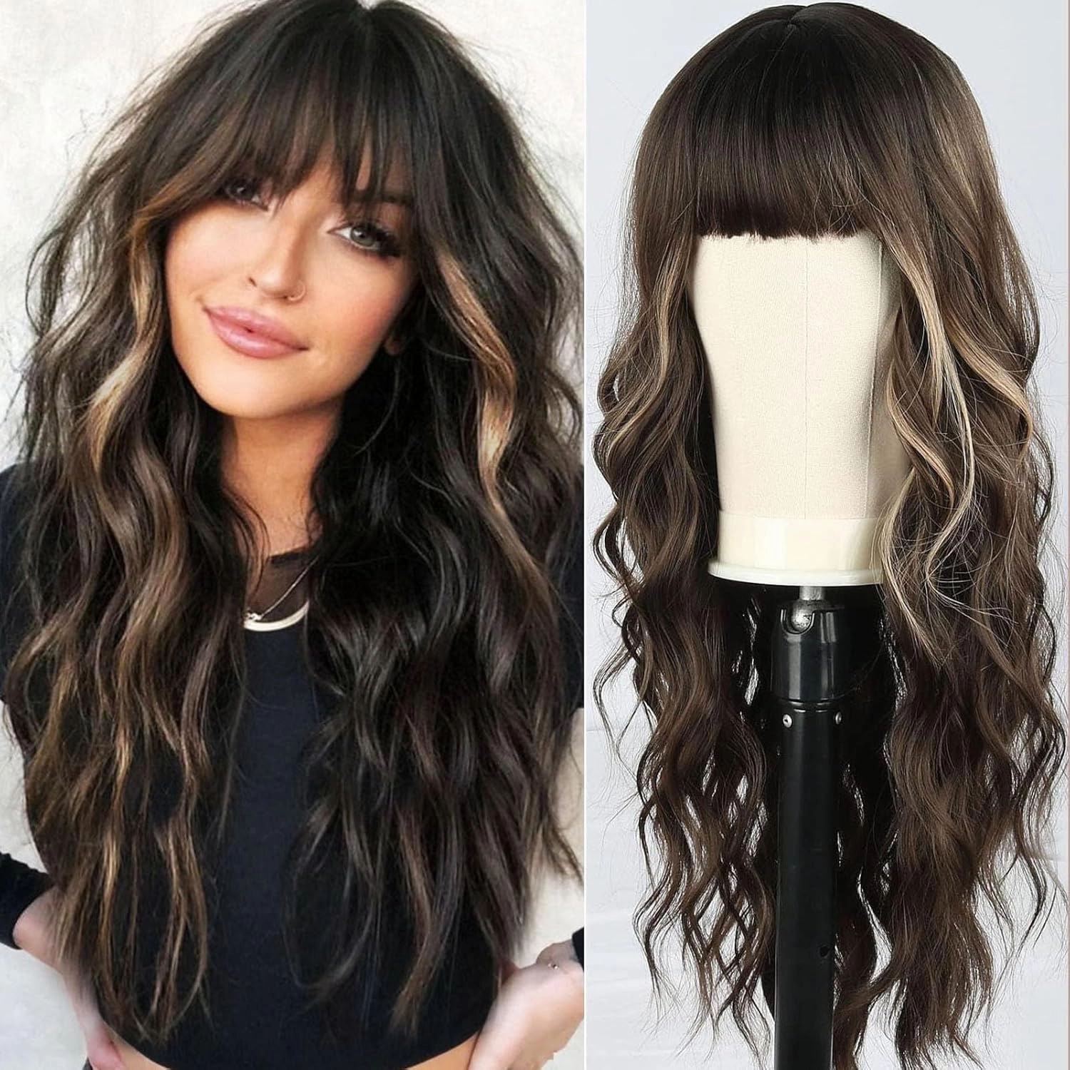 Dark Brown Wigs with Bangs,Brown Highlight Long Wavy Wig for Women,Long Curly Synthetic Hair Wig for Party Daily Use 24IN