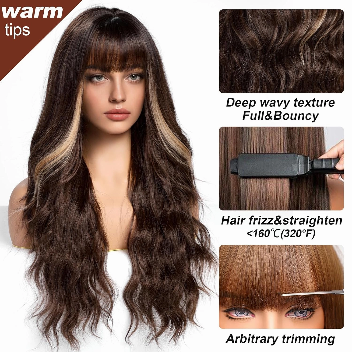 Dark Brown Wigs with Bangs,Brown Highlight Long Wavy Wig for Women,Long Curly Synthetic Hair Wig for Party Daily Use 24IN