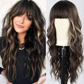 Dark Brown Wigs with Bangs,Brown Highlight Long Wavy Wig for Women,Long Curly Synthetic Hair Wig for Party Daily Use 24IN