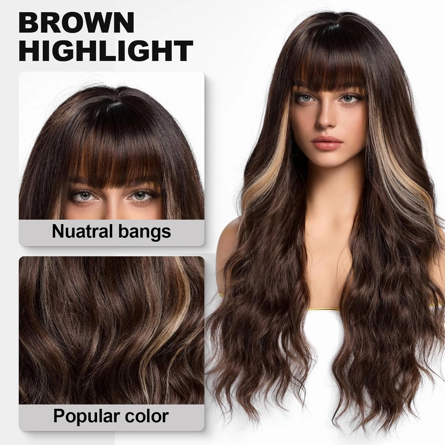 Dark Brown Wigs with Bangs,Brown Highlight Long Wavy Wig for Women,Long Curly Synthetic Hair Wig for Party Daily Use 24IN
