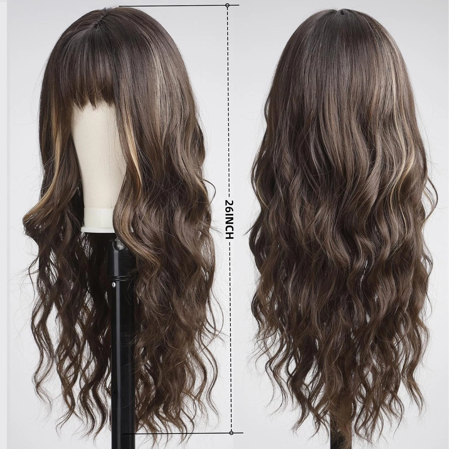 Dark Brown Wigs with Bangs,Brown Highlight Long Wavy Wig for Women,Long Curly Synthetic Hair Wig for Party Daily Use 24IN