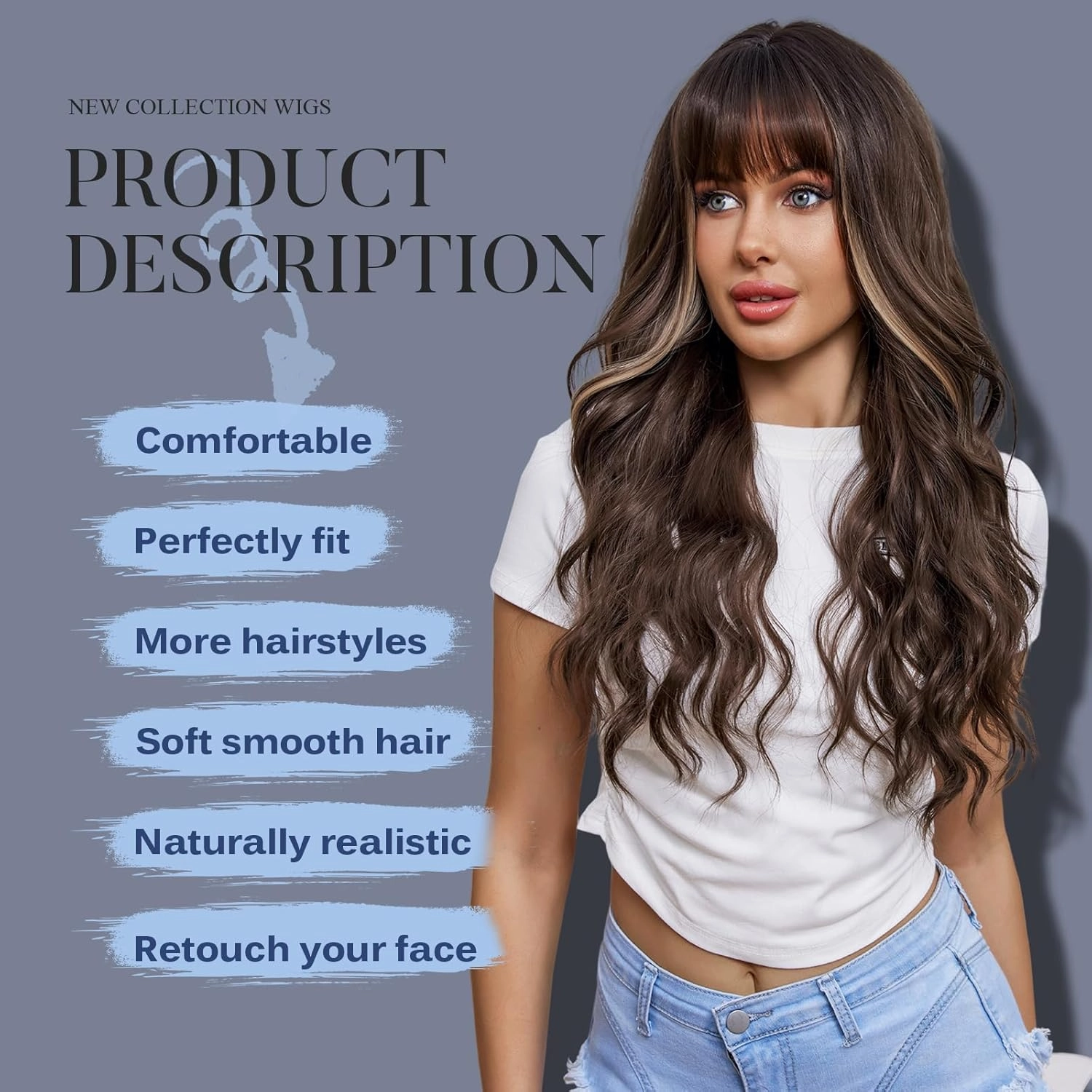 Dark Brown Wigs with Bangs,Brown Highlight Long Wavy Wig for Women,Long Curly Synthetic Hair Wig for Party Daily Use 24IN