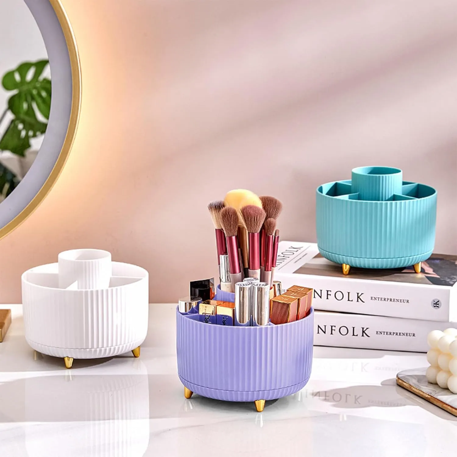 DASITON Large Capacity Makeup Brush Holder,360° Rotating Makeup Organizer,5 Slot Makeup Brushes Cup,for Vanity Decor,Bathroom Countertops,Desk Storage Container,Cosmetic Display cases(Purple)