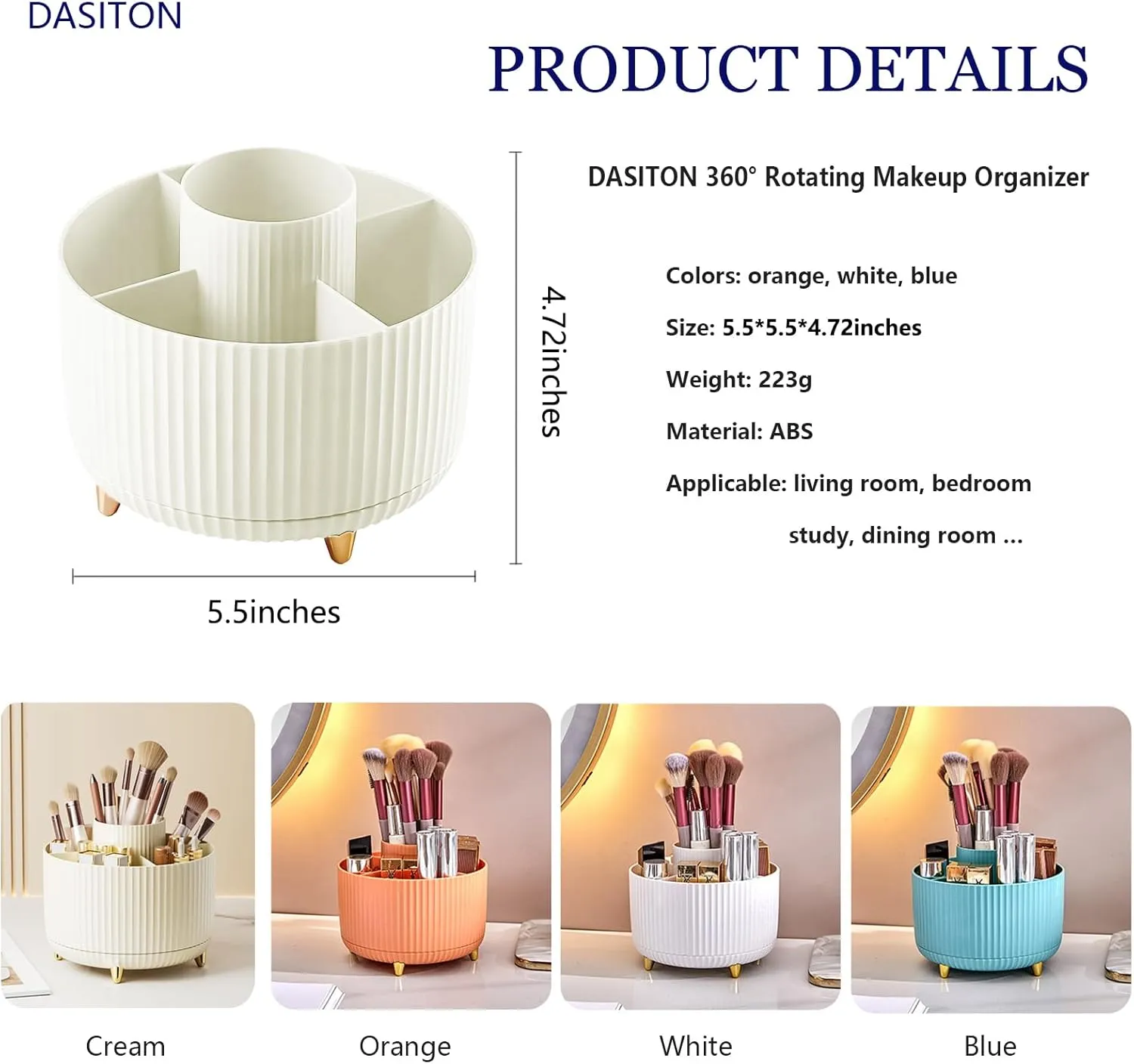 DASITON Large Capacity Makeup Brush Holder,360° Rotating Makeup Organizer,5 Slot Makeup Brushes Cup,for Vanity Decor,Bathroom Countertops,Desk Storage Container,Cosmetic Display cases(White)