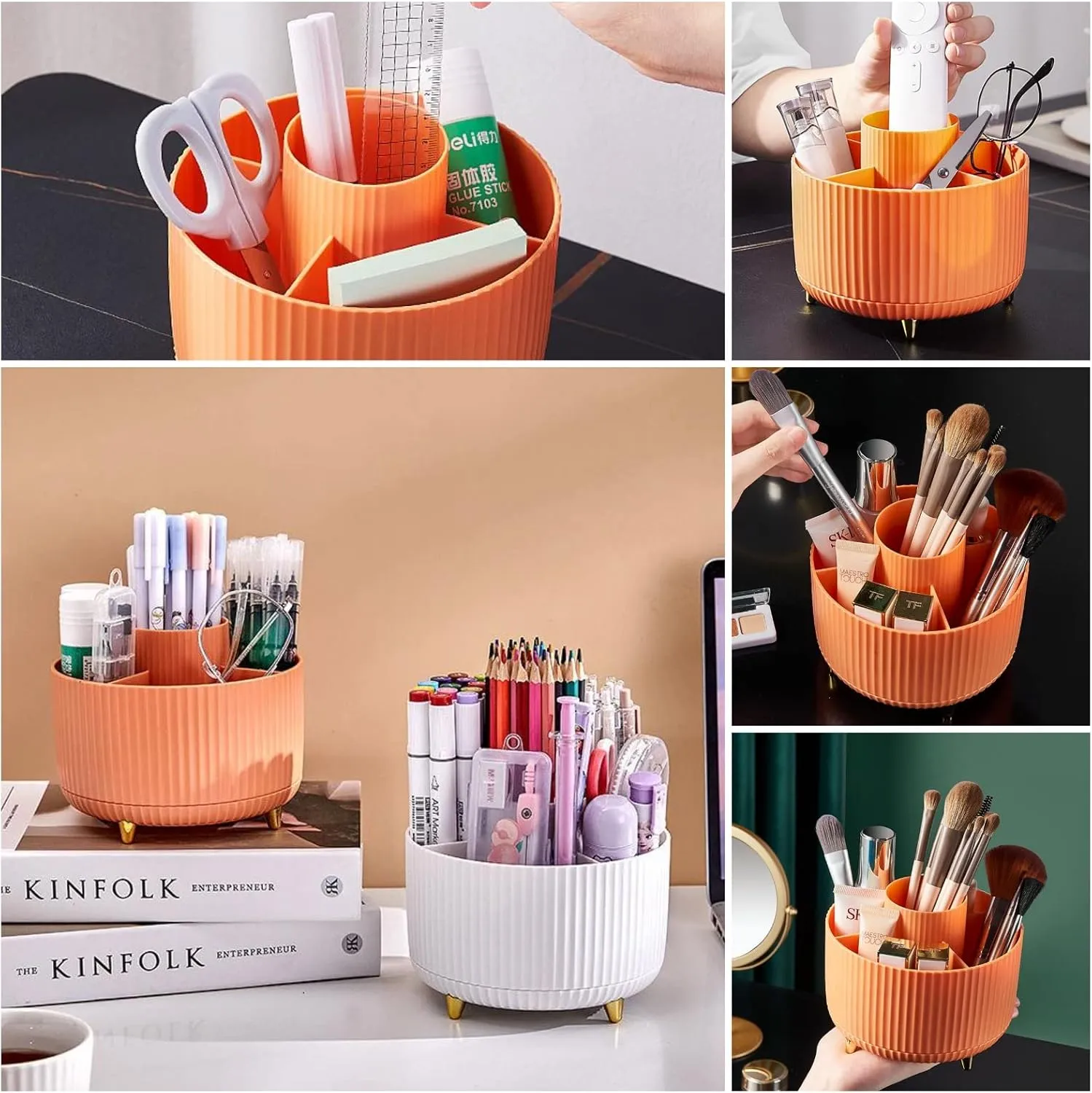 DASITON Large Capacity Makeup Brush Holder,360° Rotating Makeup Organizer,5 Slot Makeup Brushes Cup,for Vanity Decor,Bathroom Countertops,Desk Storage Container,Cosmetic Display cases(White)