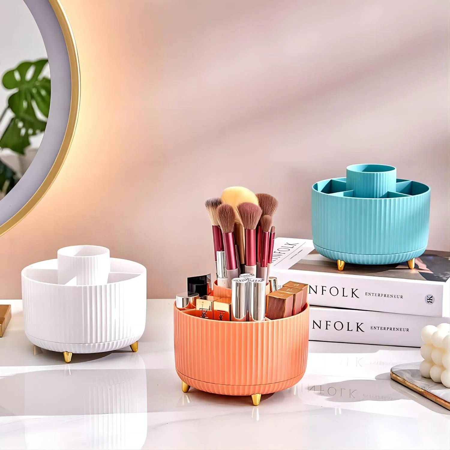 DASITON Large Capacity Makeup Brush Holder,360° Rotating Makeup Organizer,5 Slot Makeup Brushes Cup,for Vanity Decor,Bathroom Countertops,Desk Storage Container,Cosmetic Display cases(White)