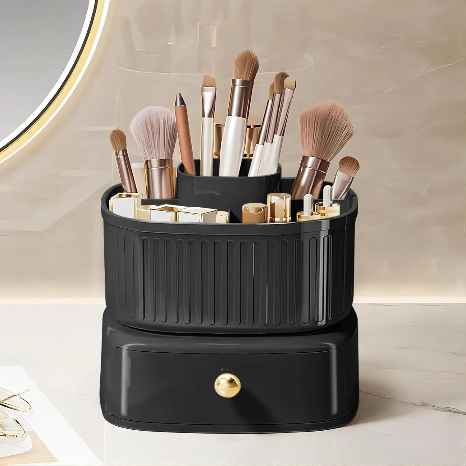 DASITON Stackable Makeup Organizer,Makeup Brush Holder With 360°Rotating Makeup Organizer Tray,Cosmetic Holder Shelf(Black)
