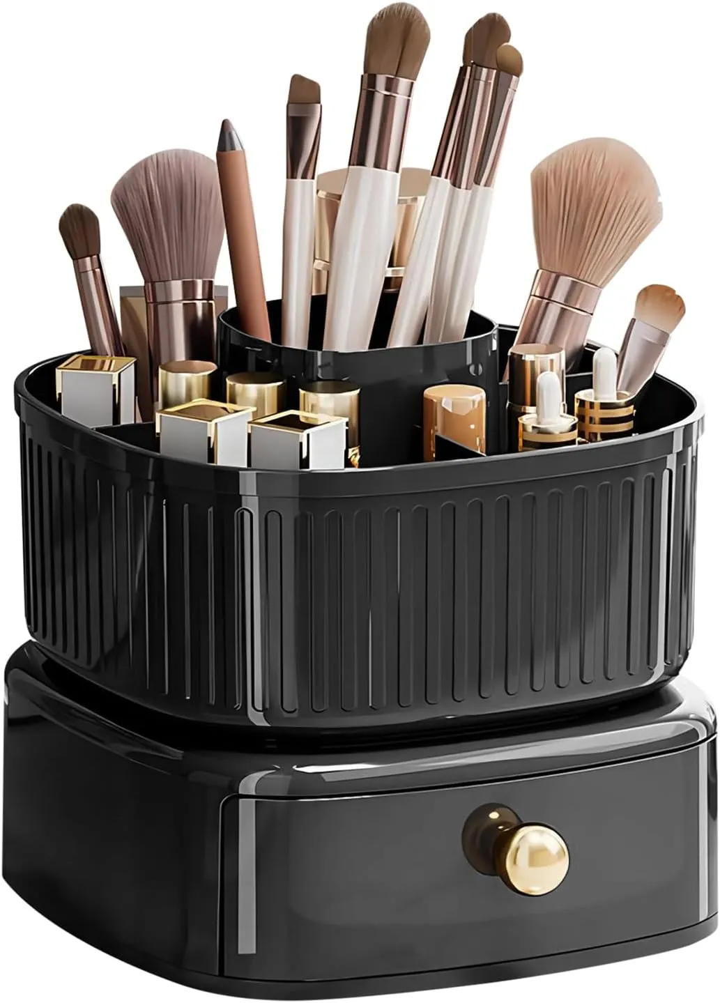 DASITON Stackable Makeup Organizer,Makeup Brush Holder With 360°Rotating Makeup Organizer Tray,Cosmetic Holder Shelf(Black)