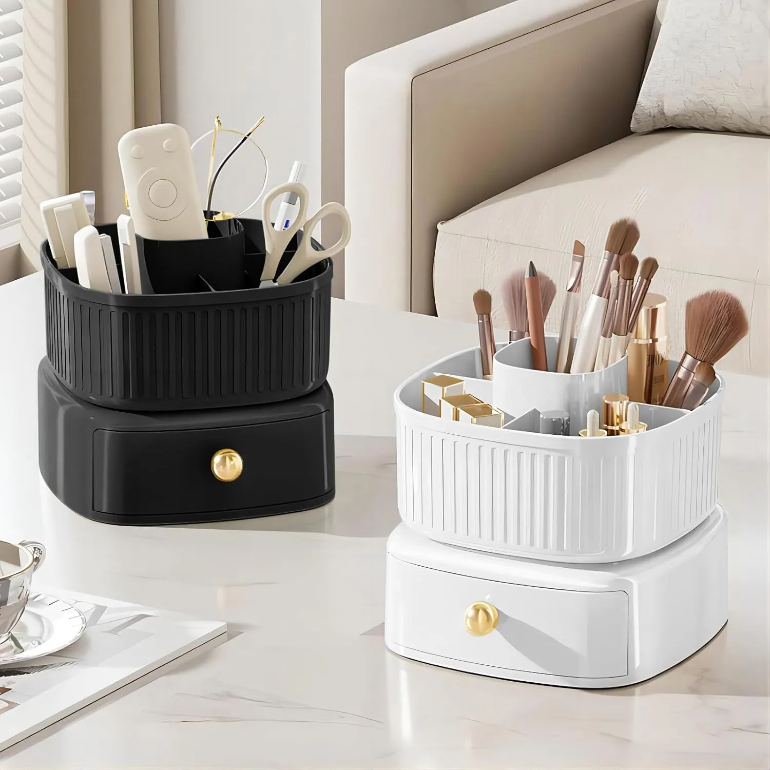 DASITON Stackable Makeup Organizer,Makeup Brush Holder With 360°Rotating Makeup Organizer Tray,Cosmetic Holder Shelf(Black)