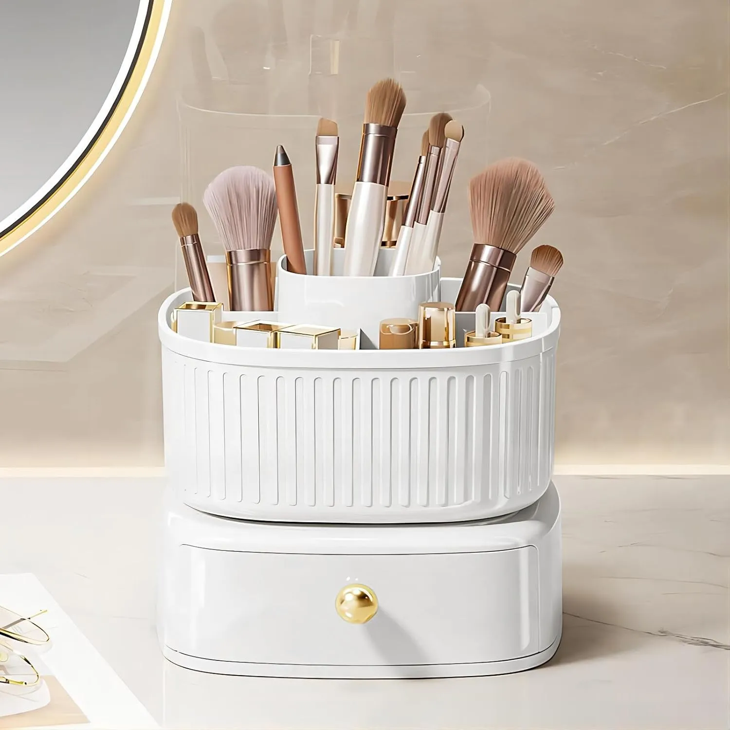 DASITON Stackable Makeup Organizer,Makeup Brush Holder With 360°Rotating Makeup Organizer Tray,Cosmetic Holder Shelf(White)