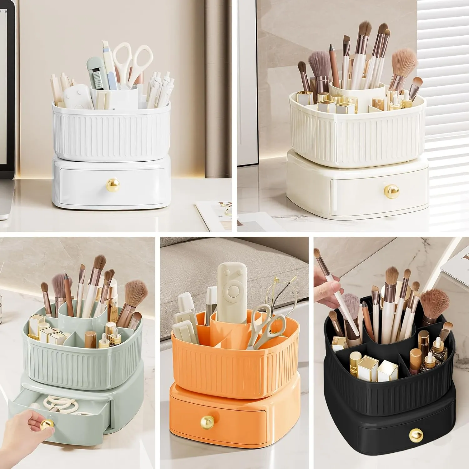DASITON Stackable Makeup Organizer,Makeup Brush Holder With 360°Rotating Makeup Organizer Tray,Cosmetic Holder Shelf(White)