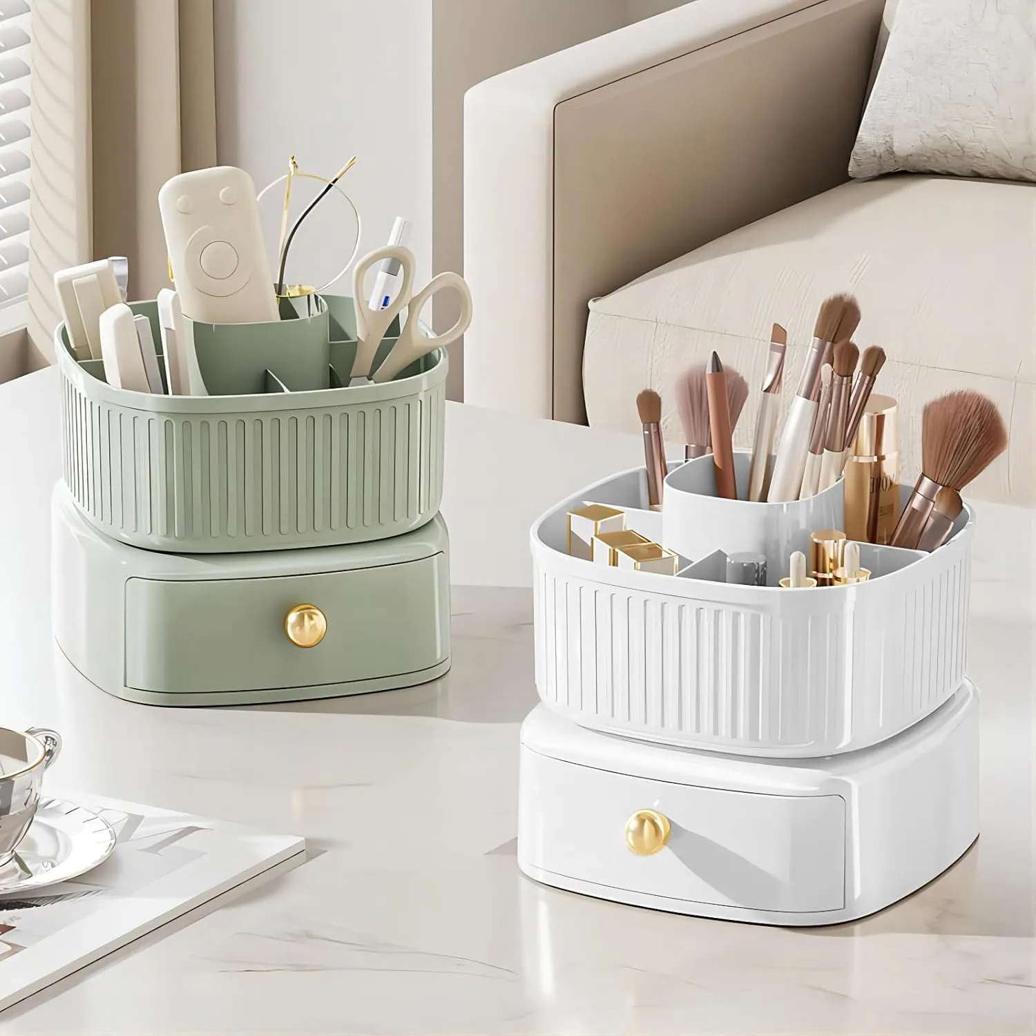 DASITON Stackable Makeup Organizer,Makeup Brush Holder With 360°Rotating Makeup Organizer Tray,Cosmetic Holder Shelf(White)