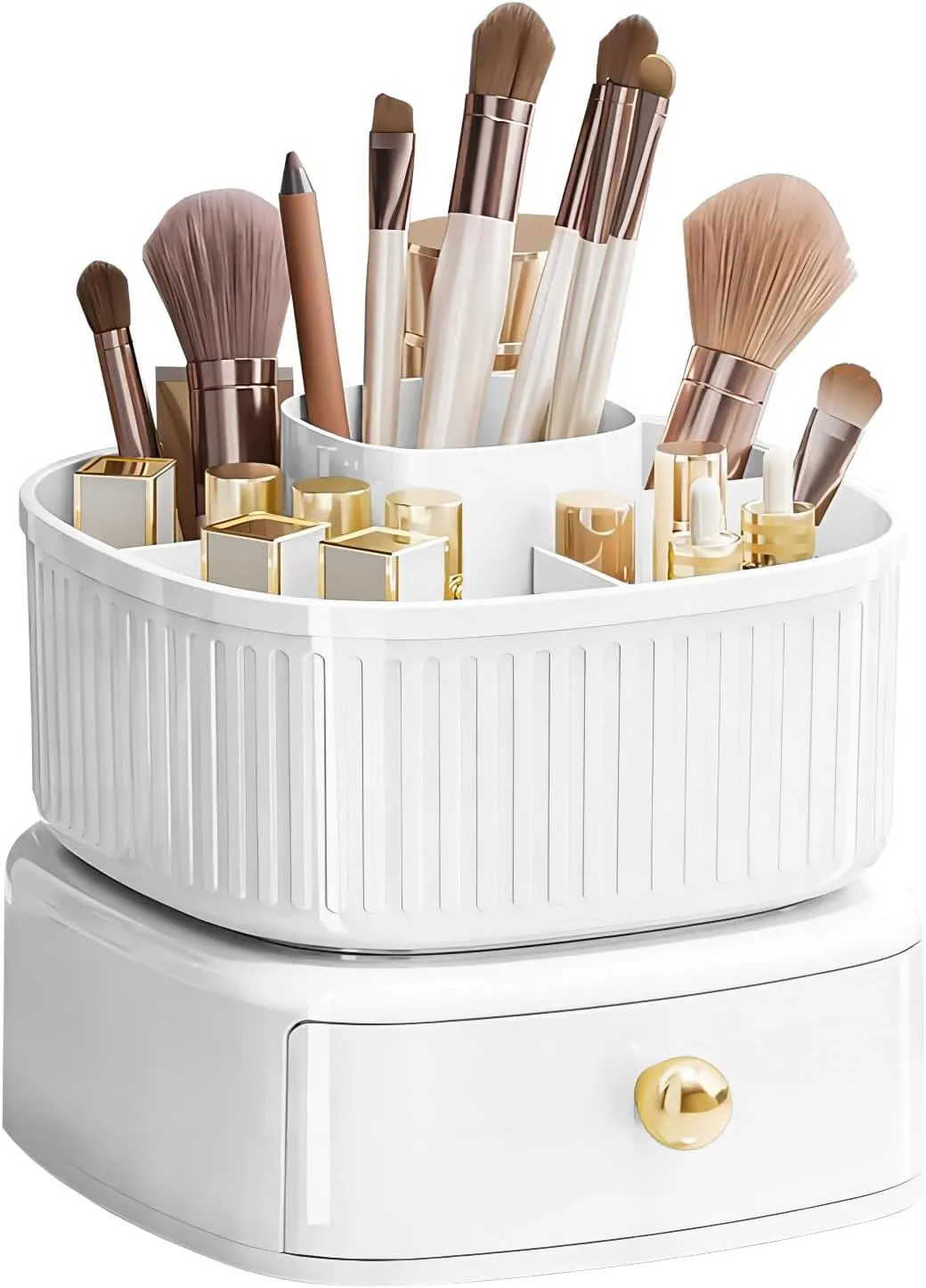 DASITON Stackable Makeup Organizer,Makeup Brush Holder With 360°Rotating Makeup Organizer Tray,Cosmetic Holder Shelf(White)