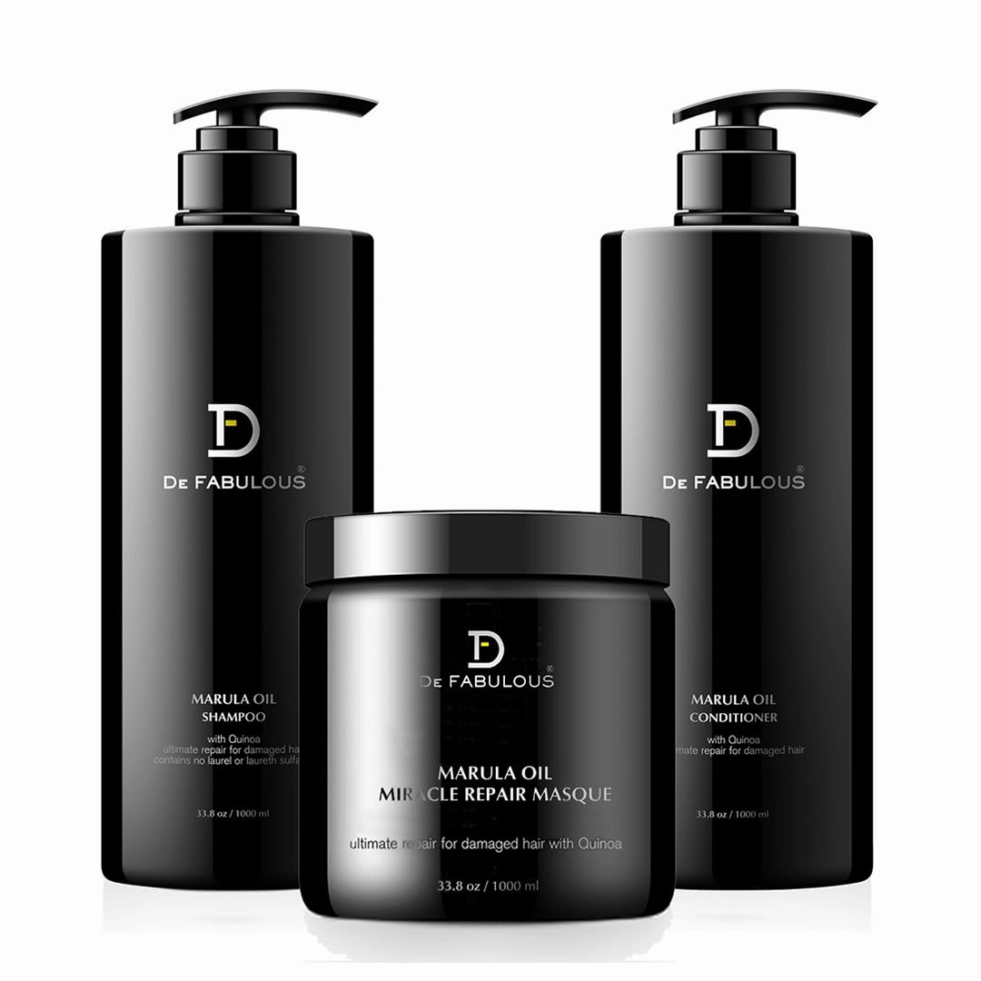 De Fabulous | Marula Oil Shampoo, Conditioner & Masque Set | Hydrates, softens, and repairs dry or frizzy hair with antioxidant-rich marula oil. Color-safe and sulfate-free. (33.8 fl oz each)