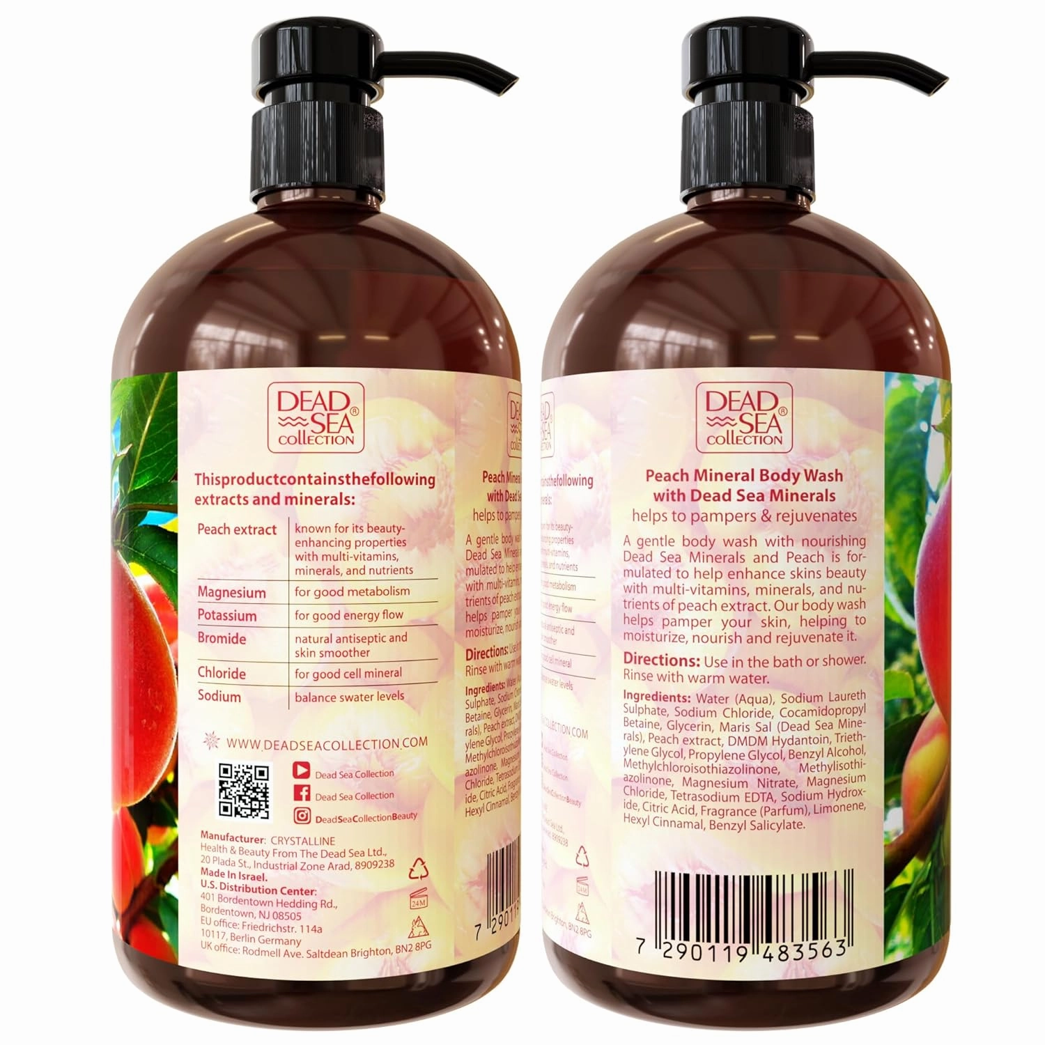 Dead Sea Collection Peach Body Wash for Women and Men - with Pure Dead Sea Minerals and Peach Extract - Cleanses and Moisturizes Skin - Pack of 2 (67.6 fl. oz)