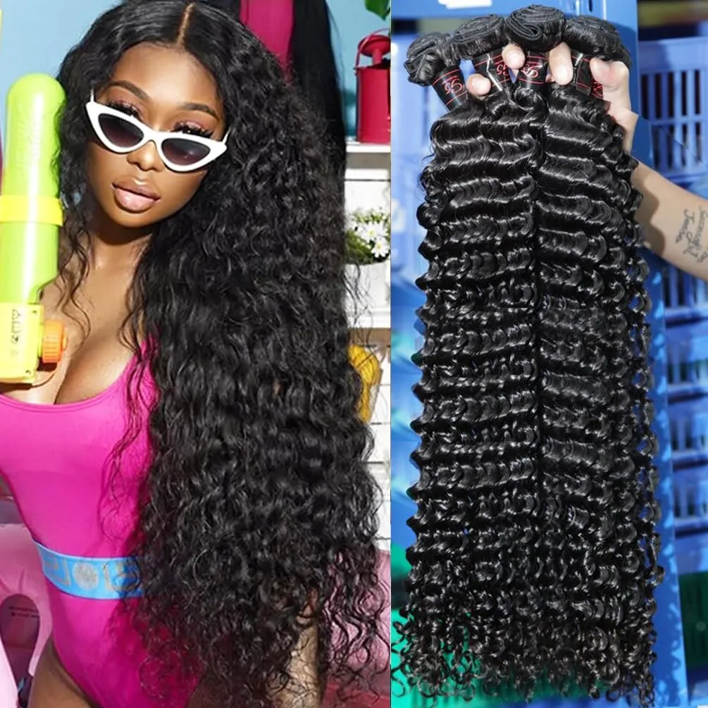 Deep Wave Human Hair 4 Bundles (22 24 26 28) 12A 100% Unprocessed Brazilian Virgin Remy Deep Curly Weave Human Hair Bundles Hair Weft Extensions Natural Black for Black Women